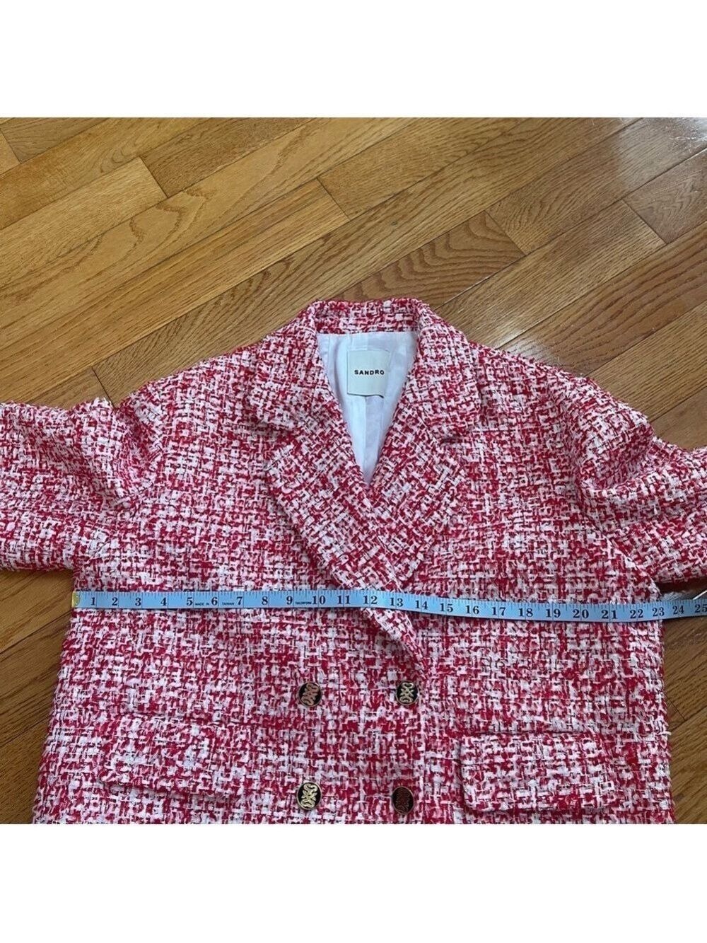 Sandro Cropped Short Tweed Jacket Blazer in Rouge sequins & metallic Sz XL - Picture 13 of 17